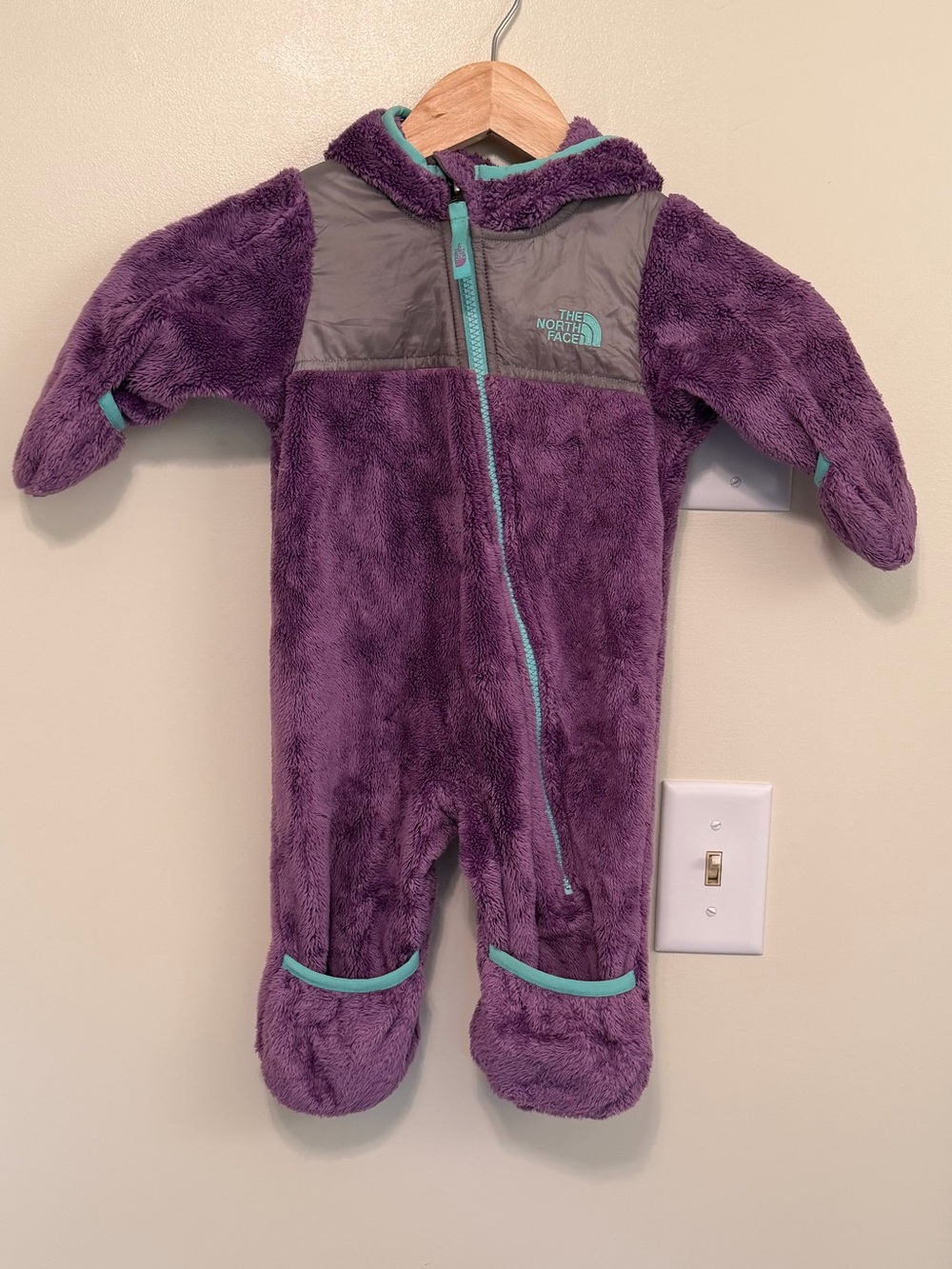 The North Face Purple Fleece Hooded Baby One-Piece with Teal Trim